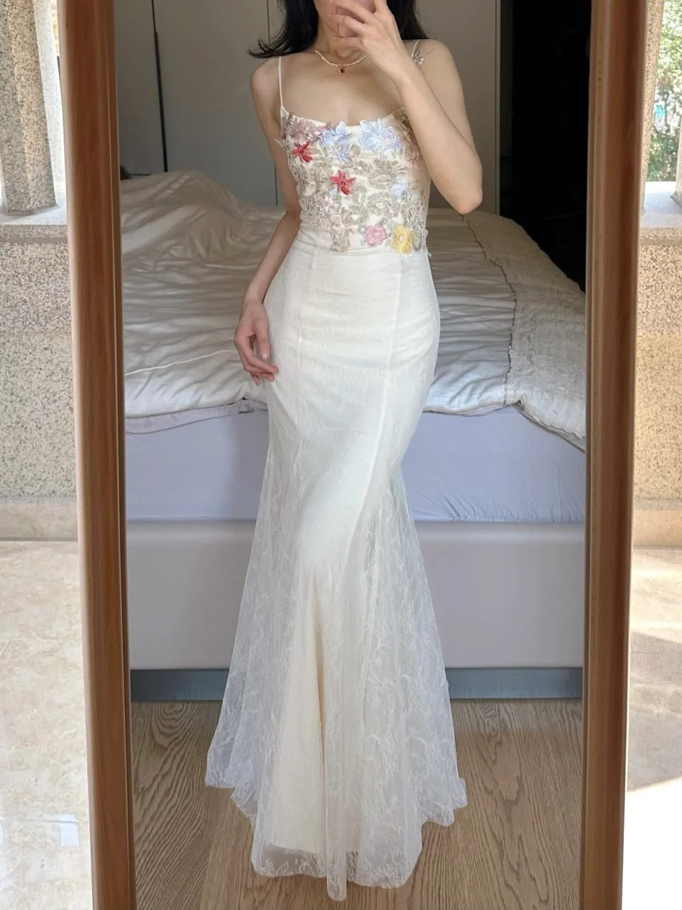 Elegant Light Purple Mermaid Square Neck 3D Floral Lace Long Formal Prom Dresses