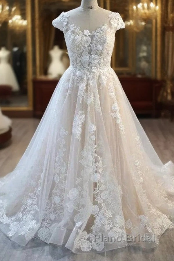 Elegant Long A-Line Bateau Backless Appliques Lace Tulle Wedding Dress Main image
