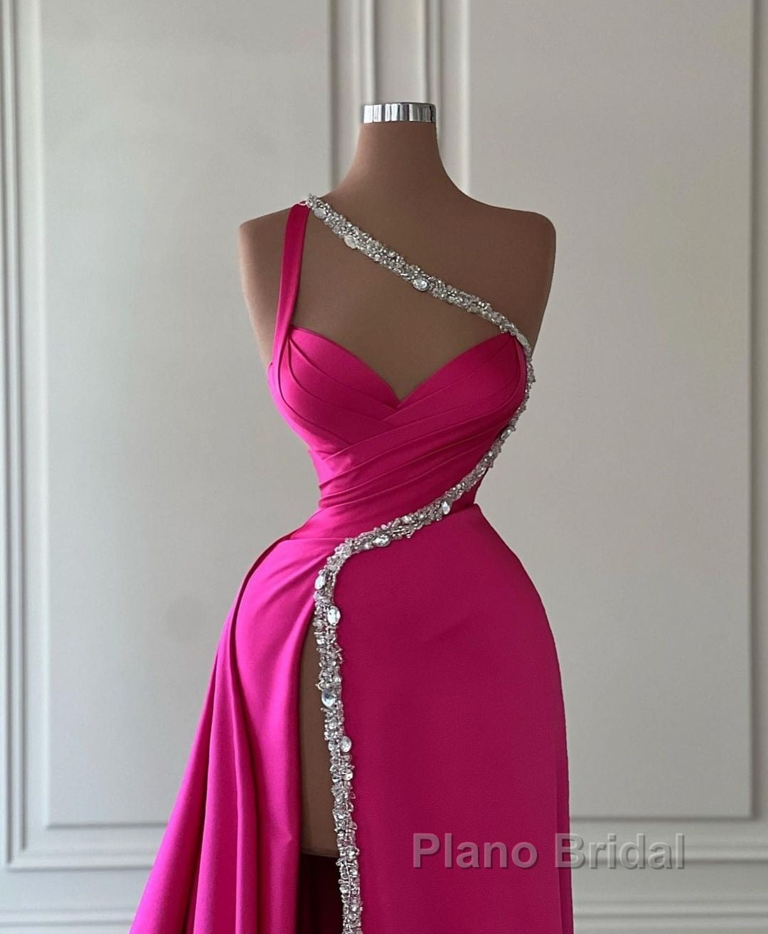 Elegant Long A-line One Shoulder Sweetheart Sleeveless Satin Formal Prom Dress With Slit