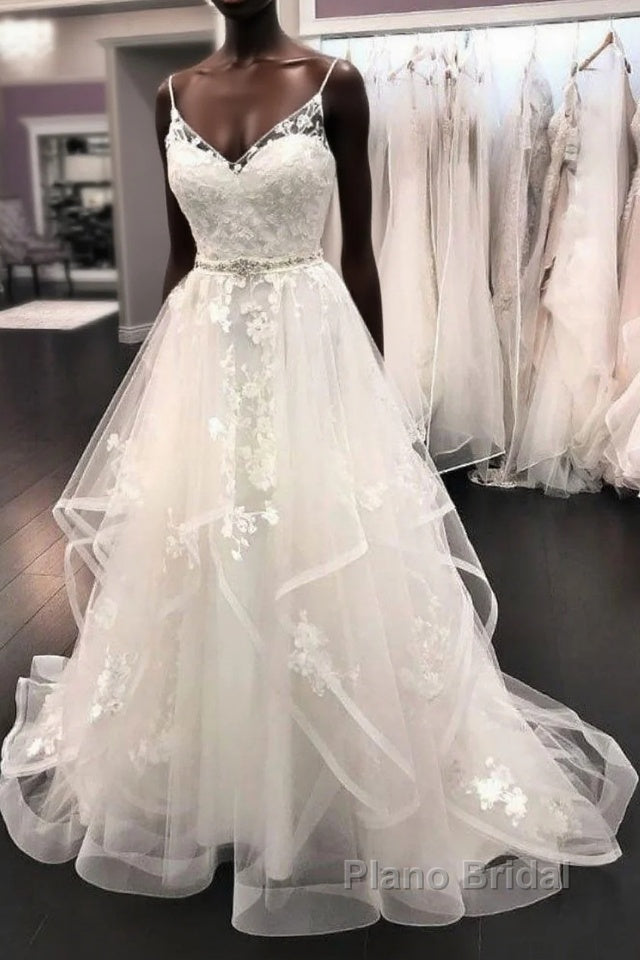 Elegant Long A Line Tulle Lace V Neck Spaghetti Straps Wedding Dress Main image
