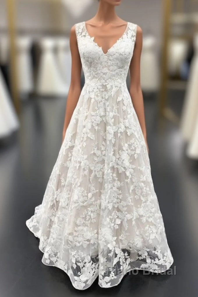 Elegant Long A Line V Neck Floral Lace Wedding Dresses Main image