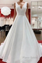 Elegant Long A-line V Neck Satin Ruffles Open Back Wedding Dresses