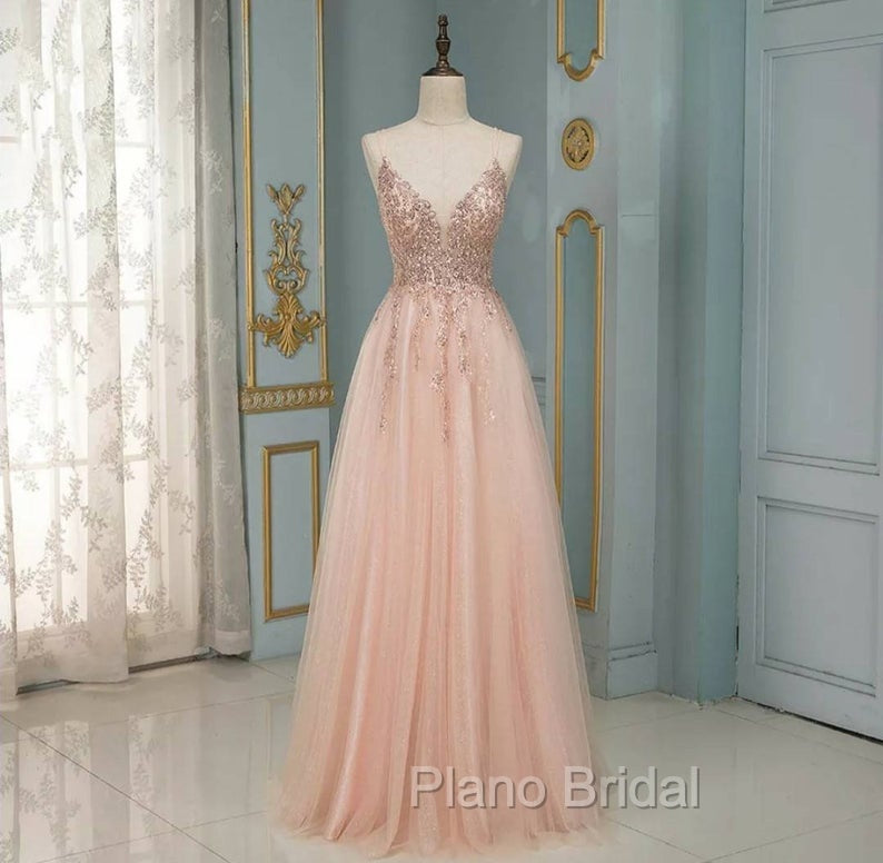 Elegant Long A-line V-neck Sequins Tulle Backless Formal Prom Dresses