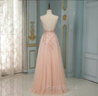 Elegant Long A-line V-neck Sequins Tulle Backless Formal Prom Dresses