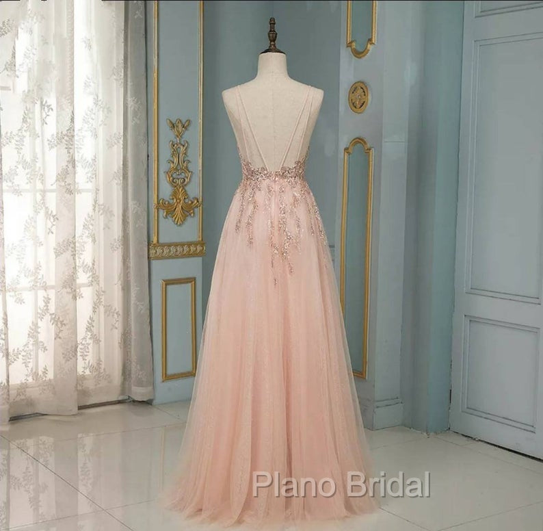 Elegant Long A-line V-neck Sequins Tulle Backless Formal Prom Dresses