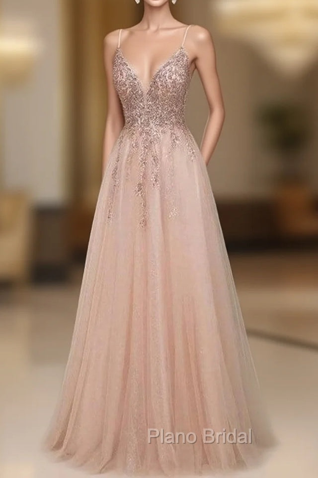 Elegant Long A-line V-neck Sequins Tulle Backless Formal Prom Dresses Main image
