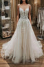 Elegant Long A-line V Neck Spaghetti Straps Lace Tulle Wedding Dresses