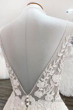 Elegant Long A-line V Neck Tulle Lace Open Back Wedding Dress