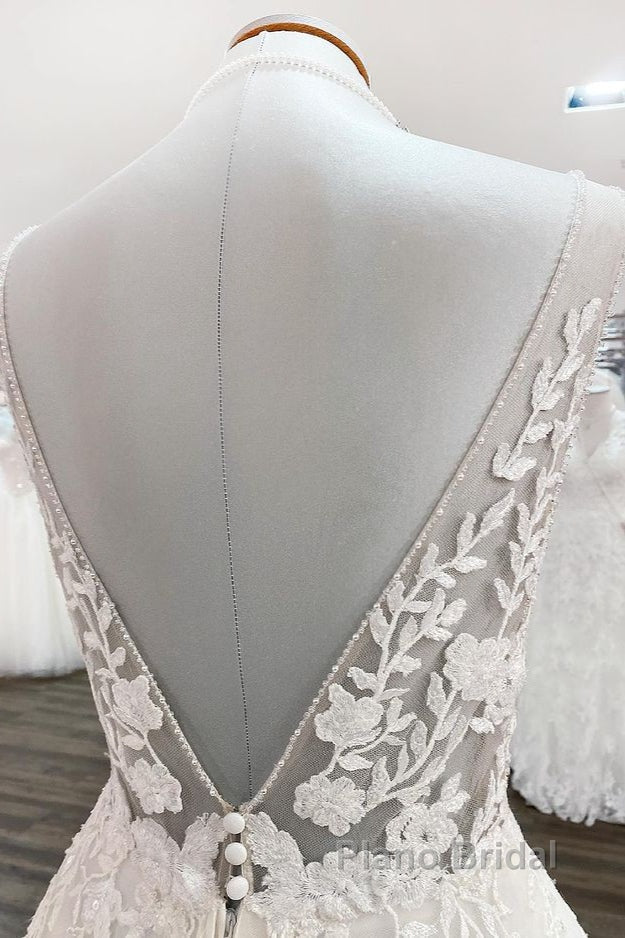 Elegant Long A-line V Neck Tulle Lace Open Back Wedding Dress