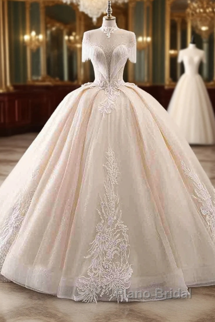 Elegant Long Ball Gown High Neck Tassel Sleeves Tulle Wedding Dresses Main image