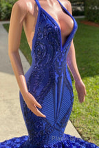 Elegant Long Mermaid Halter Satin Lace Backless Formal Prom Dresses