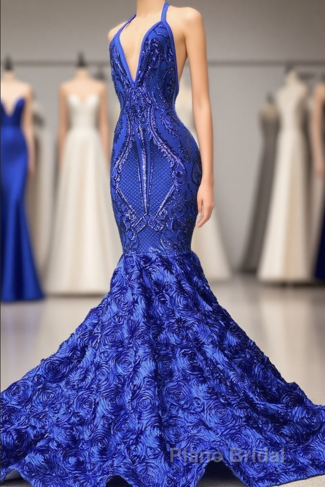 Elegant Long Mermaid Halter Satin Lace Backless Formal Prom Dresses Main image