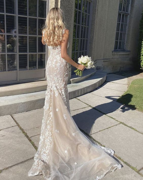 Elegant Long Mermaid Lace Applique Formal Prom Dresses Wedding Dresses Formal Evening Dresses