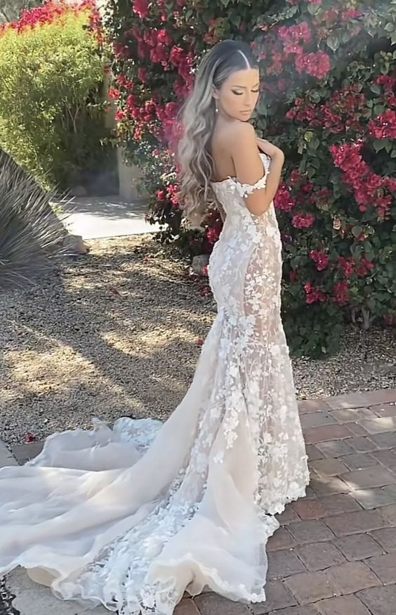 Elegant Long Mermaid Lace Applique Formal Prom Dresses Wedding Dresses Formal Evening Dresses