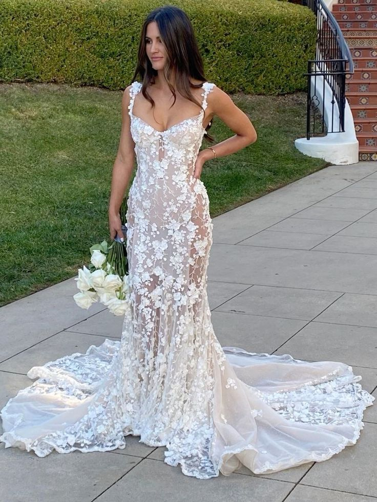 Elegant Long Mermaid Lace Applique Formal Prom Dresses Wedding Dresses Formal Evening Dresses
