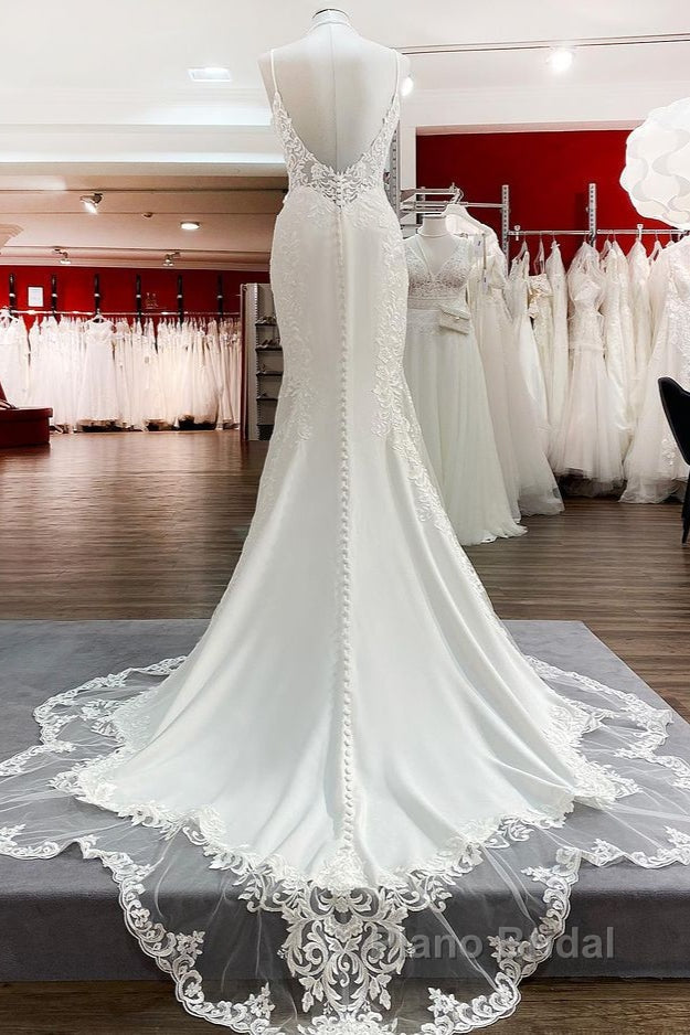 Elegant Long Mermaid Spaghetti Straps Lace Satin Open Back Wedding Dress Secondary image