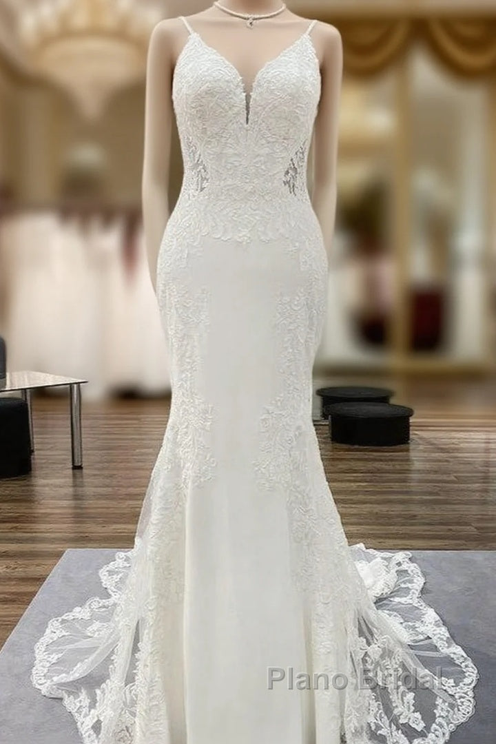 Elegant Long Mermaid Spaghetti Straps Lace Satin Open Back Wedding Dress Main image