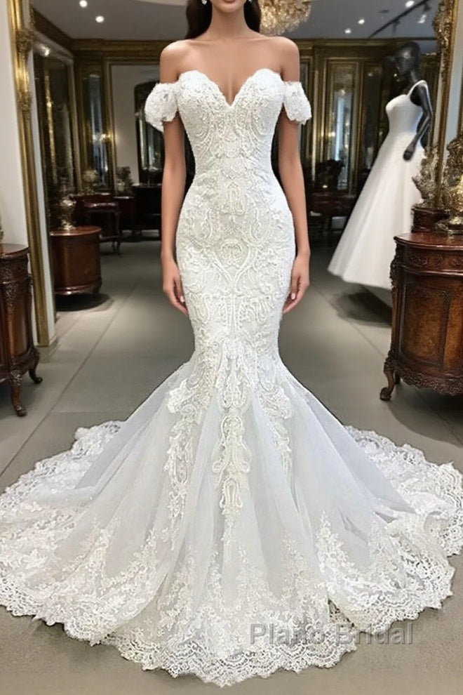 Elegant Long Mermaid Sweetheart Lace Wedding Dresses with Sleeves