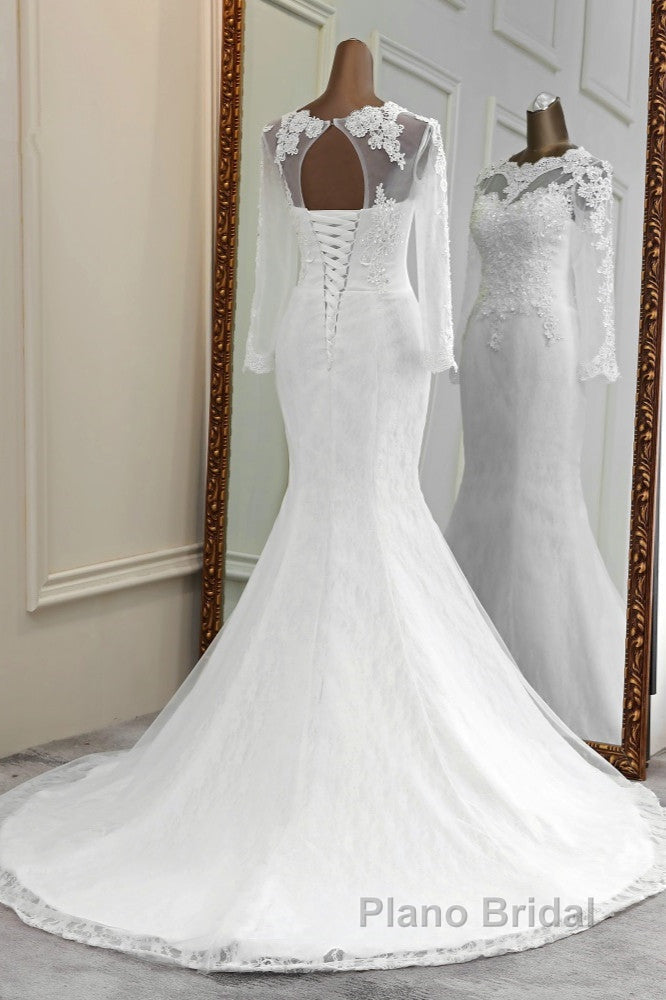 Elegant Long Mermaid Tulle Jewel Wedding Dress with Sleeves Secondary image