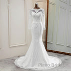 Elegant Long Mermaid Tulle Jewel Wedding Dress with Sleeves