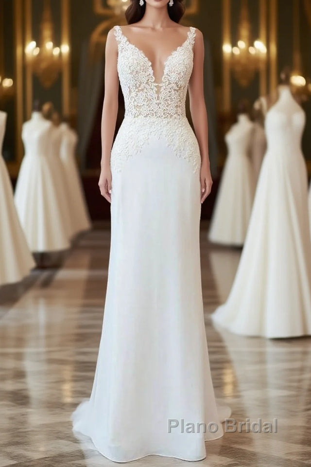 Elegant Long Mermaid V-neck Lace Backless Wedding Dress Main image