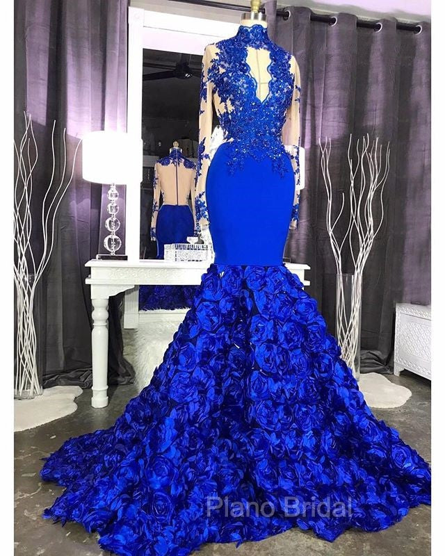 Elegant Long Sleeves Lace Appliques Formal Prom Party Gowns on Sale Fit and Flare Royal Blue Floral Formal Prom Party Gowns with Keyhole