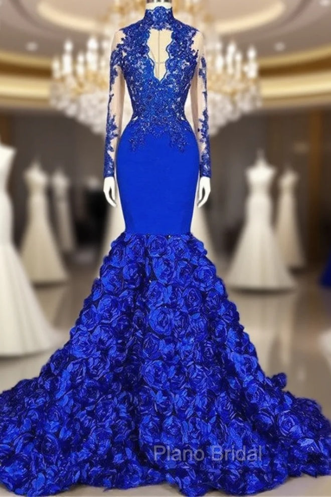 Elegant Long Sleeves Lace Appliques Formal Prom Party Gowns on Sale Fit and Flare Royal Blue Floral Formal Prom Party Gowns with Keyhole