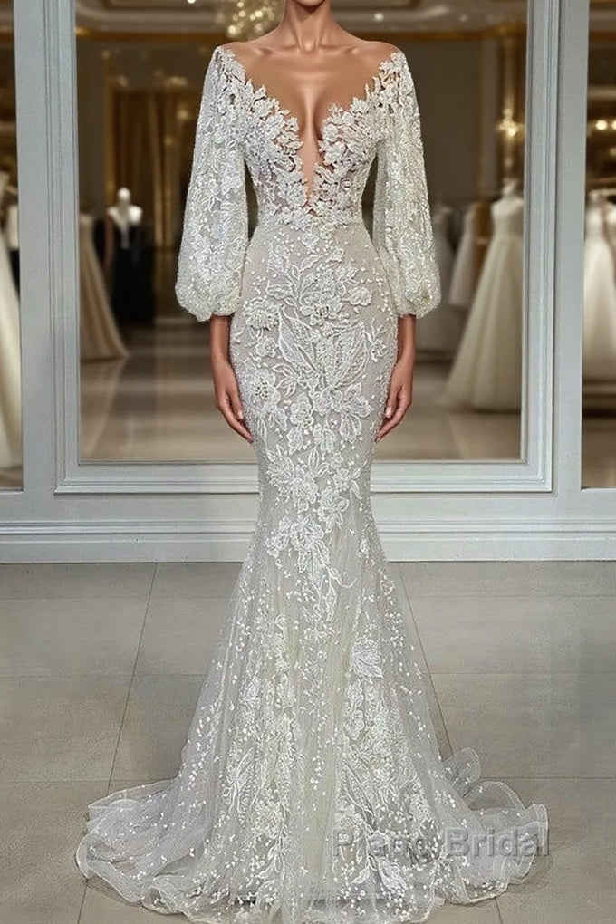 Elegant Long Sleeves Mermaid V-neck Tulle Lace Wedding Dresses Main image