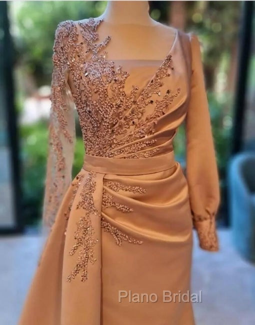 Elegant Long Sleeves Formal Prom Dresses Floral Evening Party Dresses with Side Sweep Train