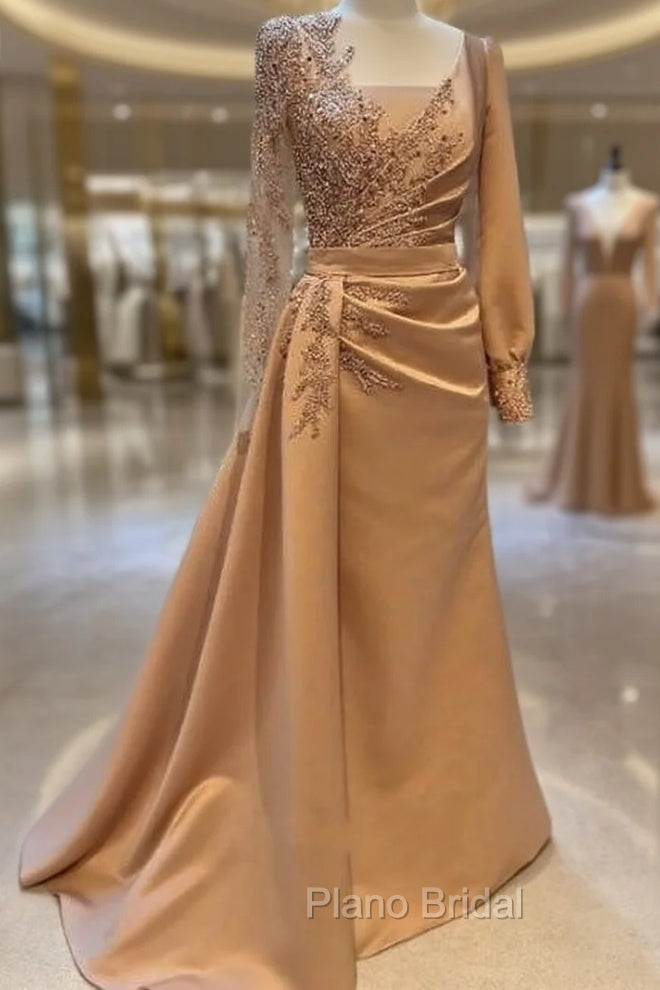 Elegant Long Sleeves Formal Prom Dresses Floral Evening Party Dresses with Side Sweep Train Main image