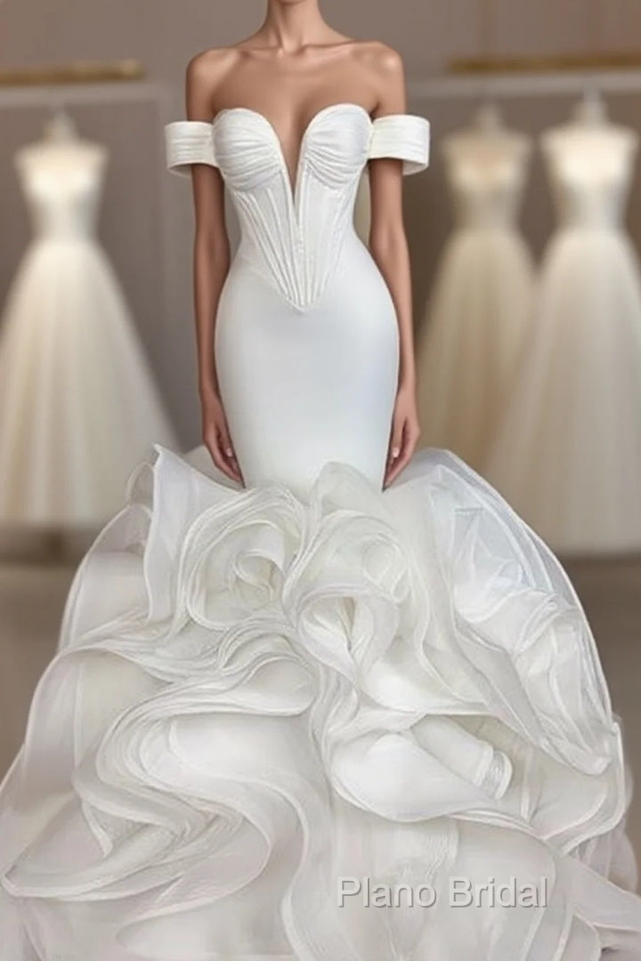 Elegant Mermaid African Women Wedding Dresses Off The Shoulder Ruffles High Quality Satin Birdal White Wedding Gowns Formal Prom Dresses