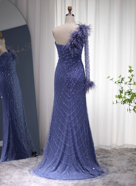 Elegant Mermaid Blue One-Shoulder Feather Beaded Tulle Long Formal Prom Dresses Secondary image