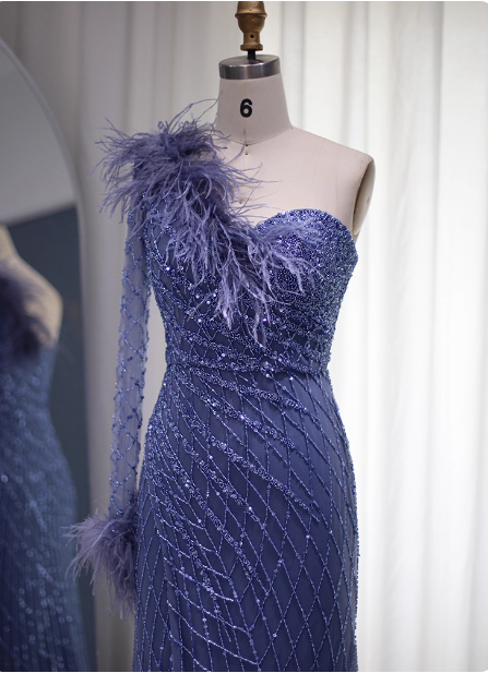 Elegant Mermaid Blue One-Shoulder Feather Beaded Tulle Long Formal Prom Dresses