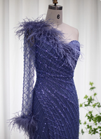 Elegant Mermaid Blue One-Shoulder Feather Beaded Tulle Long Formal Prom Dresses