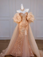 Elegant Mermaid Off The Shoulder Sequin Gold Formal Evening Dresses Long Slit Formal Prom Dresses