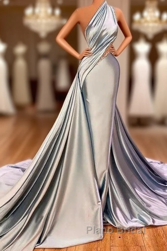 Elegant Mermaid One Shoulder Satin Long Evening Dresses Formal Prom Dresses