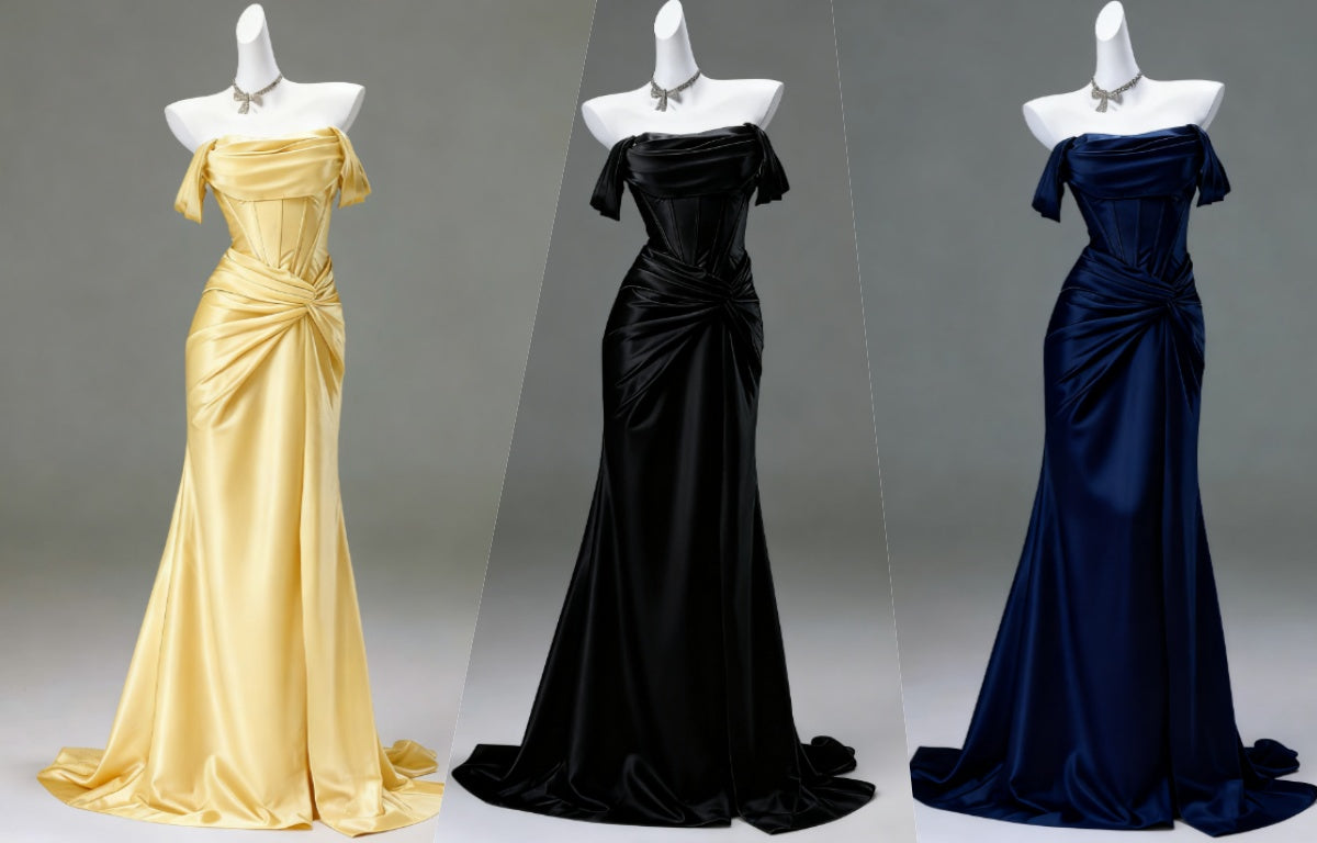 Elegant Pleated Satin Formal Mermaid Formal Evening Dresses,Fahsion Graudation Formal Prom Dresses With Off-The-Shoulder