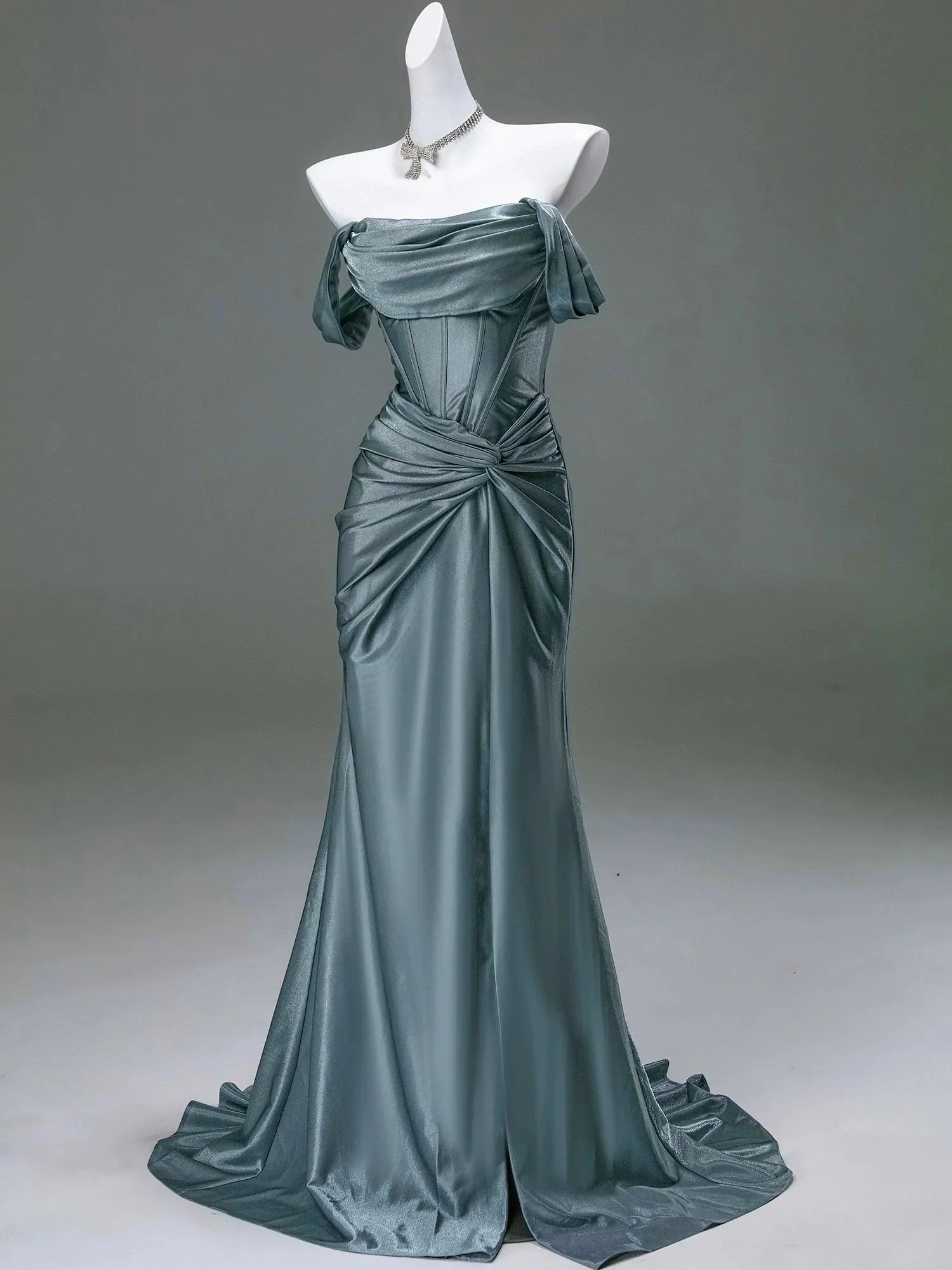 Elegant Pleated Satin Formal Mermaid Formal Evening Dresses,Fahsion Graudation Formal Prom Dresses With Off-The-Shoulder Secondary image