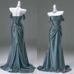 Elegant Pleated Satin Formal Mermaid Formal Evening Dresses,Fahsion Graudation Formal Prom Dresses With Off-The-Shoulder
