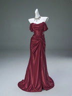 Elegant Pleated Satin Formal Mermaid Formal Evening Dresses,Fahsion Graudation Formal Prom Dresses With Off-The-Shoulder