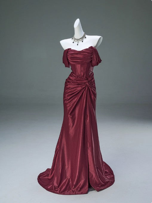Elegant Pleated Satin Formal Mermaid Formal Evening Dresses,Fahsion Graudation Formal Prom Dresses With Off-The-Shoulder