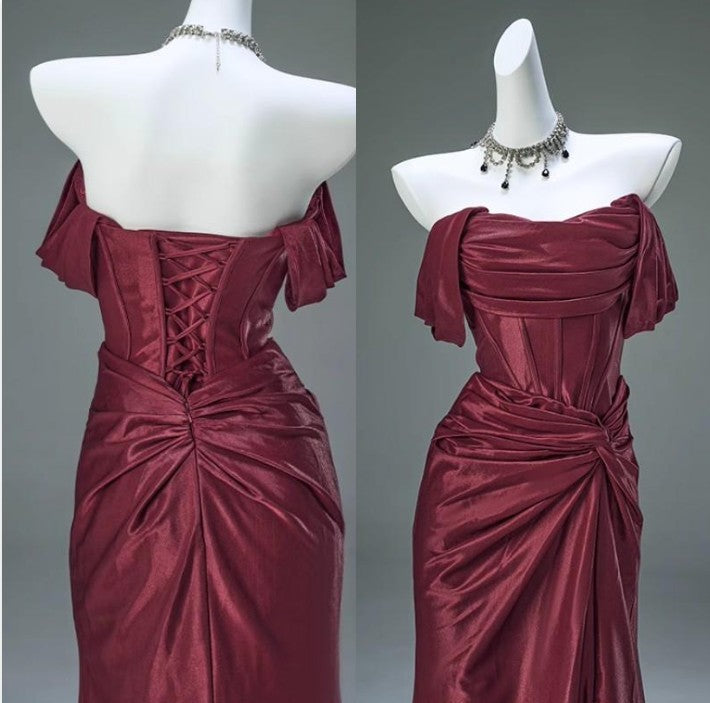 Elegant Pleated Satin Formal Mermaid Formal Evening Dresses,Fahsion Graudation Formal Prom Dresses With Off-The-Shoulder