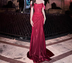 Elegant Pleated Satin Formal Mermaid Formal Evening Dresses,Fahsion Graudation Formal Prom Dresses With Off-The-Shoulder