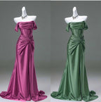 Elegant Pleated Satin Formal Mermaid Formal Evening Dresses,Fahsion Graudation Formal Prom Dresses With Off-The-Shoulder