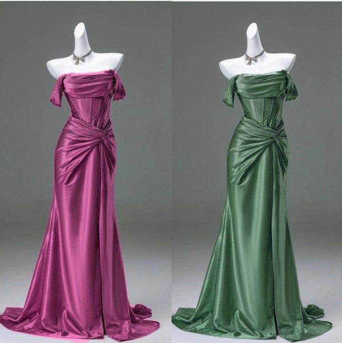 Elegant Pleated Satin Formal Mermaid Formal Evening Dresses,Fahsion Graudation Formal Prom Dresses With Off-The-Shoulder