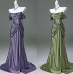 Elegant Pleated Satin Formal Mermaid Formal Evening Dresses,Fahsion Graudation Formal Prom Dresses With Off-The-Shoulder