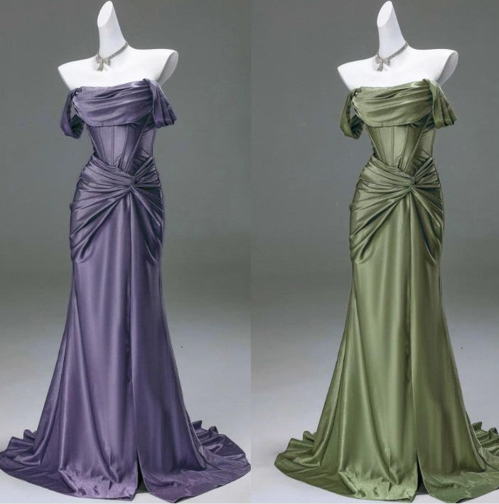 Elegant Pleated Satin Formal Mermaid Formal Evening Dresses,Fahsion Graudation Formal Prom Dresses With Off-The-Shoulder