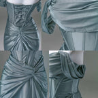 Elegant Pleated Satin Formal Mermaid Formal Evening Dresses,Fahsion Graudation Formal Prom Dresses With Off-The-Shoulder