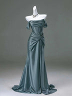 Elegant Pleated Satin Formal Mermaid Formal Evening Dresses,Fahsion Graudation Formal Prom Dresses With Off-The-Shoulder