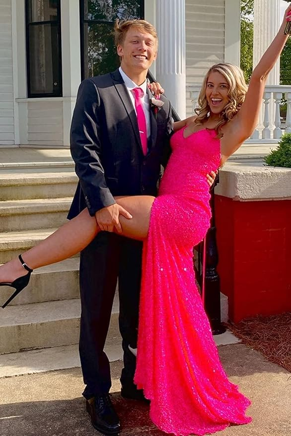 Elegant Mermaid Sequin Pink Long Formal Prom Dresses Formal Dresses